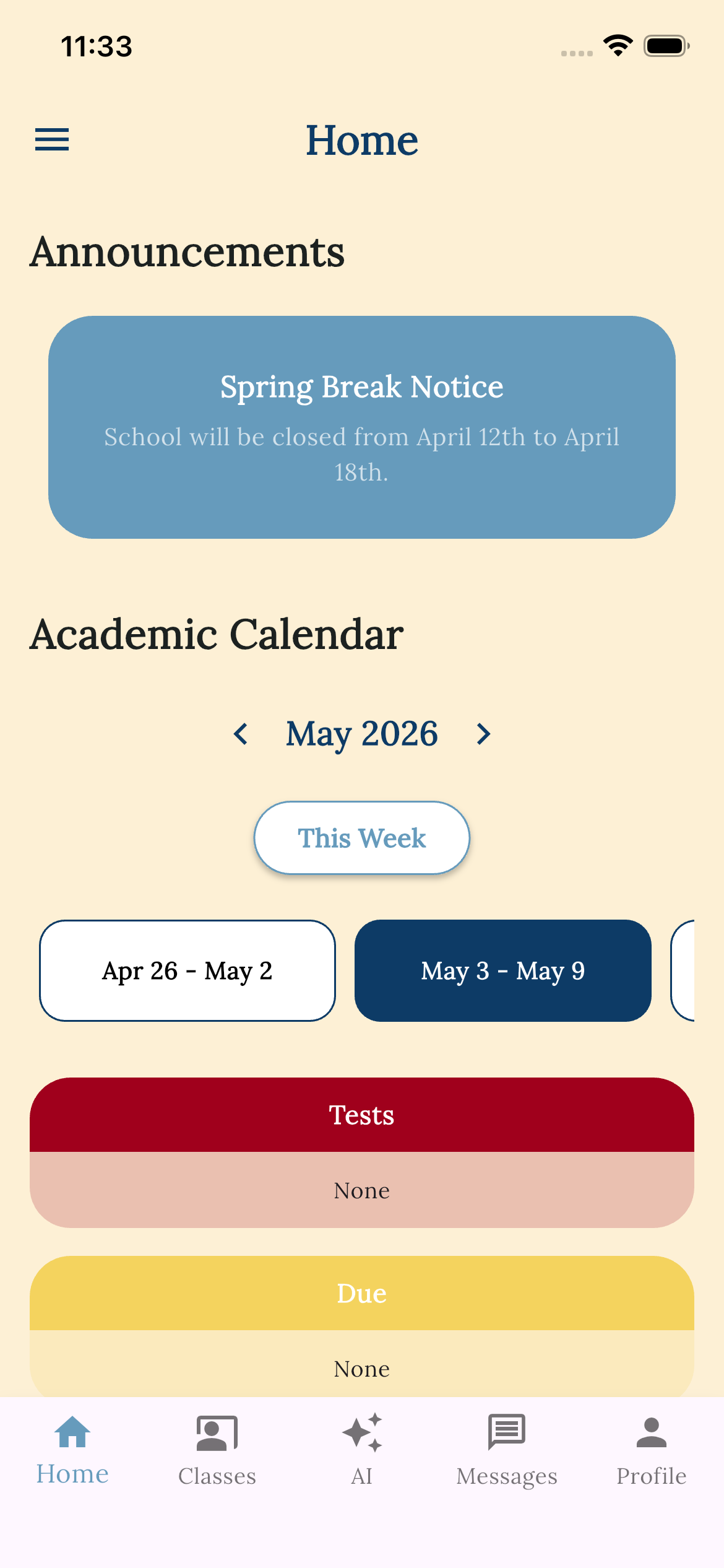 Student home screen