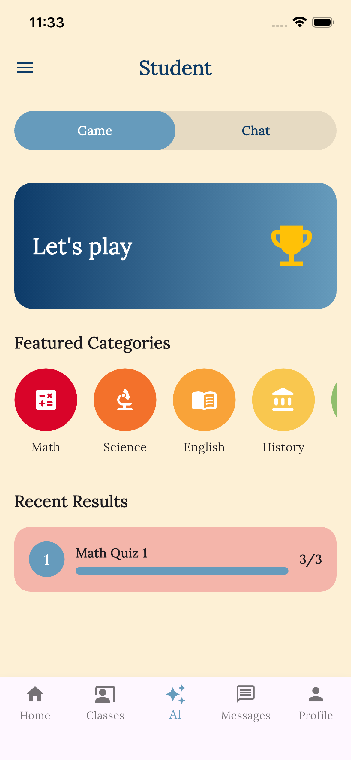 Student grades screen