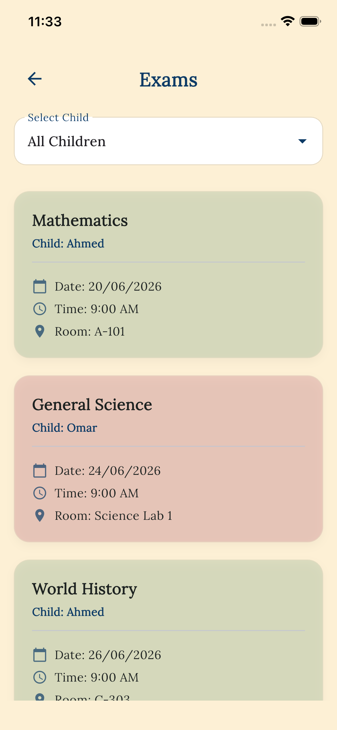 Parent grades view screen